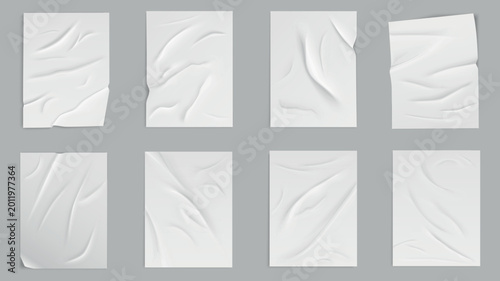 Glued paper wrinkled effect elements set design. Collection with empty white crinkled posters, realistic crumpled adhesive templates, blank creased paper sheets with wet surface. Vector illustration.