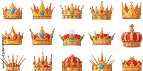 Foto Collection of various golden royal crowns and tiaras with colorful gemstones and red velvet isolated on white background for king and queen