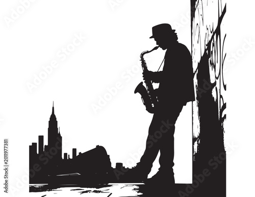 Foto Jazz musician silhouette, a soulful saxophone player in a fedora hat, performing against a gritty urban cityscape, black and white vector art for music and entertainment themes