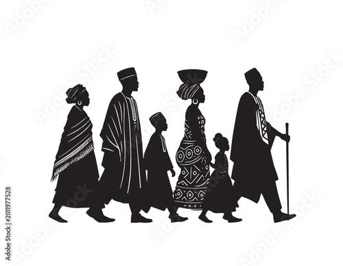 Foto African family silhouette vector, traditional black culture illustration, divers