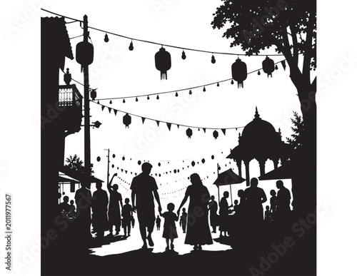Quadro em tela Festive street market silhouette, a vibrant black and white vector illustration