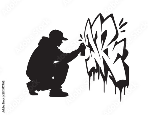 Urban graffiti artist silhouette, street art culture, black and white vector illustration, dynamic graphic design element for hip-hop and youth projects