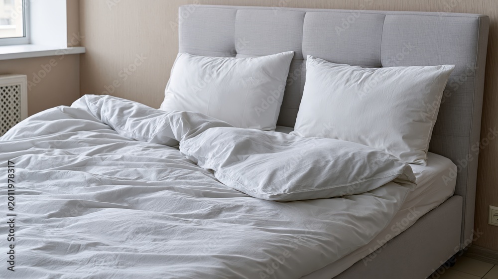 Obraz premium Messy bed with rumpled white sheets and comfortable bedding in a minimalist interior during morning light.