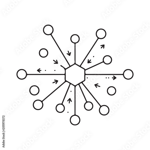 Quadro su tela Black line art vector icon of a central hexagon with radiating lines connecting to circles and directional arrows