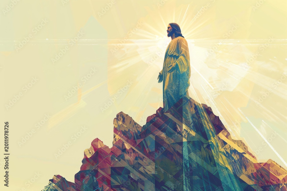 Fototapeta premium Illustration of Jesus standing on top of a mountain bathed in light. Christian religion concept for Easter and worship. Spiritual guidance.