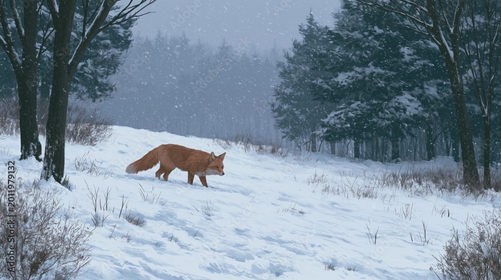 Fototapeta premium Red fox stalks prey through a thick winter snowstorm in a dense pine forest clearing.