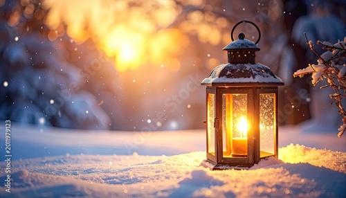 Lantern illuminated in snow with bokeh sunlight winter landscape at dusk