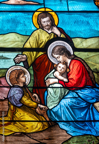 Konstfotografi Stained glass (19th century) of Holy Family in Egypt.