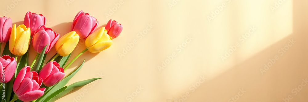 Obraz premium Colorful tulips arranged beautifully in a vase against a warm wall with sunlight streaming in. Fresh tulips add a vibrant touch to decor and create uplifting atmosphere for celebrations.