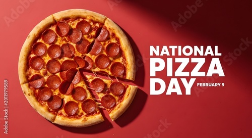 Pepperoni pizza with a slice pulled away on a solid red background for national pizza day