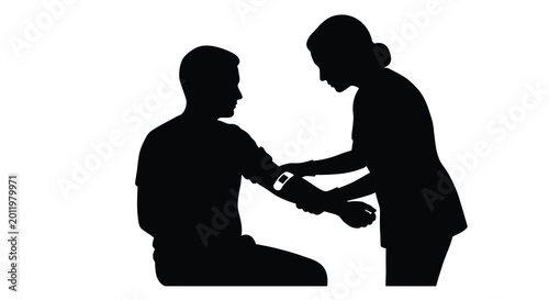 Silhouette of doctor taking patient s blood pressure on white background