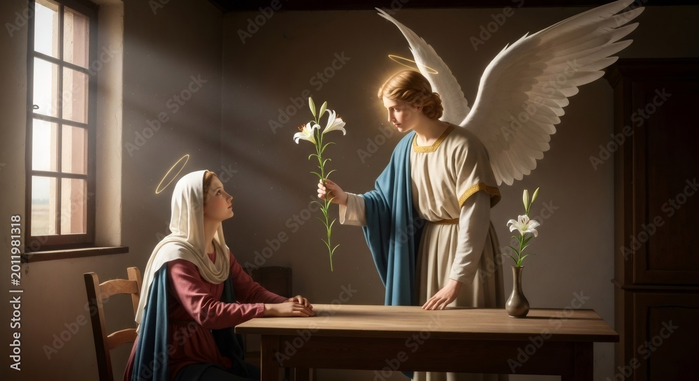 Obraz premium Angel offering lily to young woman, symbolizing the Annunciation and divine message. Religious scene for Christian spirituality and devotion.