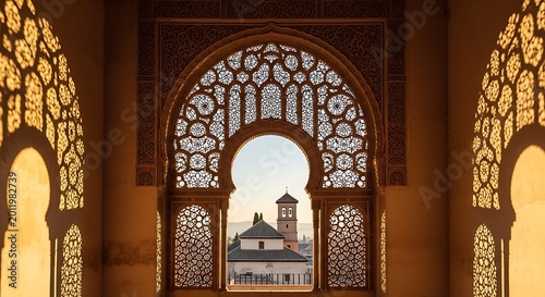 Ornate Moorish Archway Framing Courtyard View in Warm Historic Palace Interior