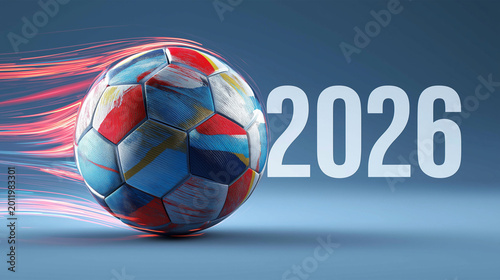 Colorful Soccer Ball with Motion Trail and 2026 Text on Blue Background