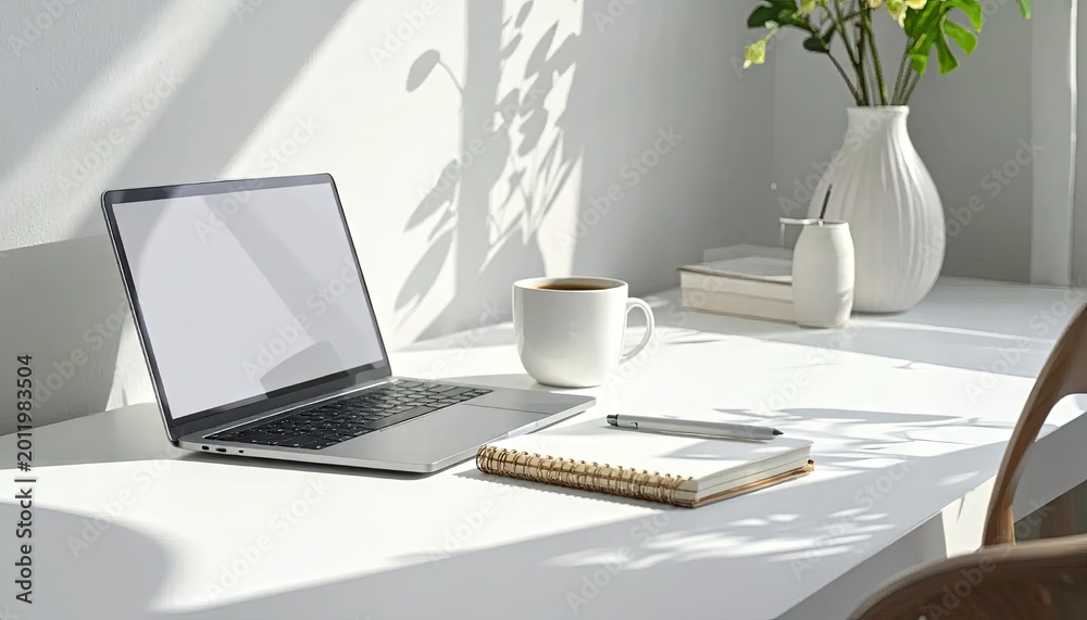 Fototapeta premium Modern workspace setup with laptop coffee notepad and decorative items