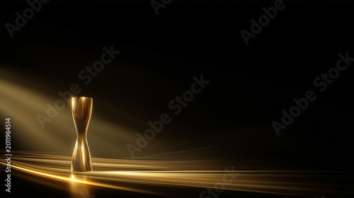 Golden Trophy with Dramatic Golden Light Beams and Rays on Dark Background