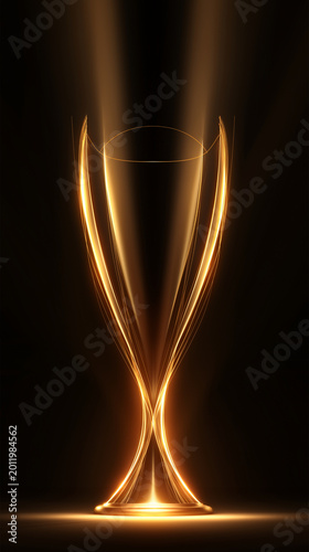 Golden Trophy with Dramatic Golden Light Beams and Rays on Dark Vertical Background