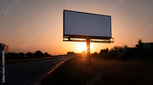 Blank Billboard Advertisement beside a Highway at Sunset with Golden Sky and Open Space for Creative Text or Graphics