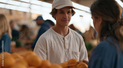 A young grocery store worker quietly slipping an extra bag of oranges into the cart of an overwhelmed single mother without her noticing, unexpected kindness moment in the fluorescent-lit produce ai