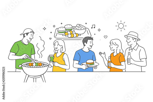 A social gathering scenario where friends and family enjoy a barbecue party