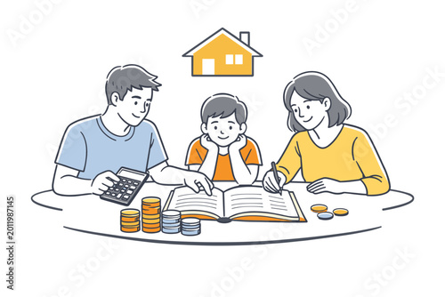 Wide horizontal editorial illustration of a family budgeting evening at