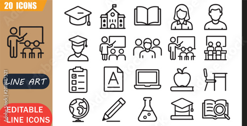 Fotografía Isolated education school icons set, 20 editable line art icons set, college uni