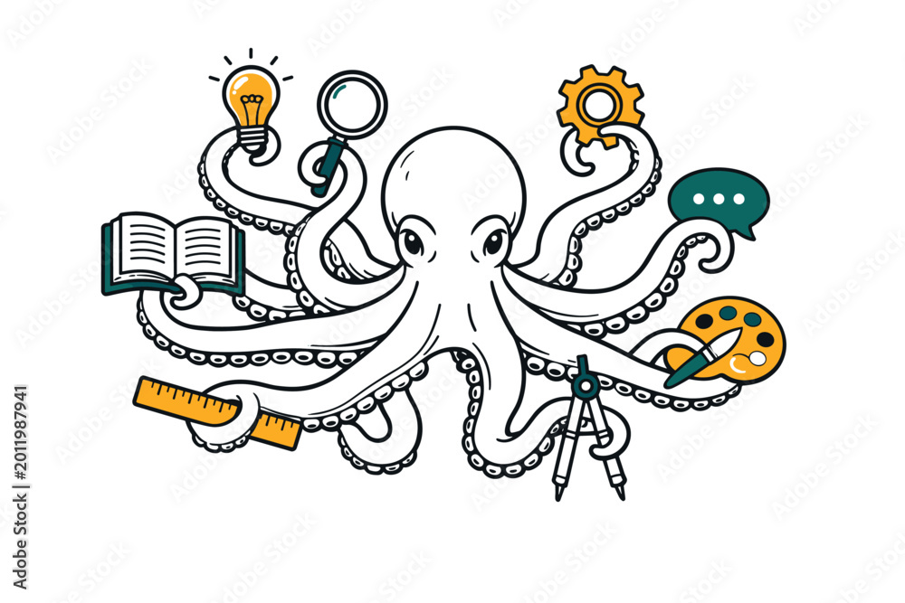 Naklejka premium Octopus as creative problem-solver: a detailed outline-style octopus