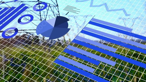 3D data graph animating over grass, grid starting tilt, charts turning, bars growing showing power