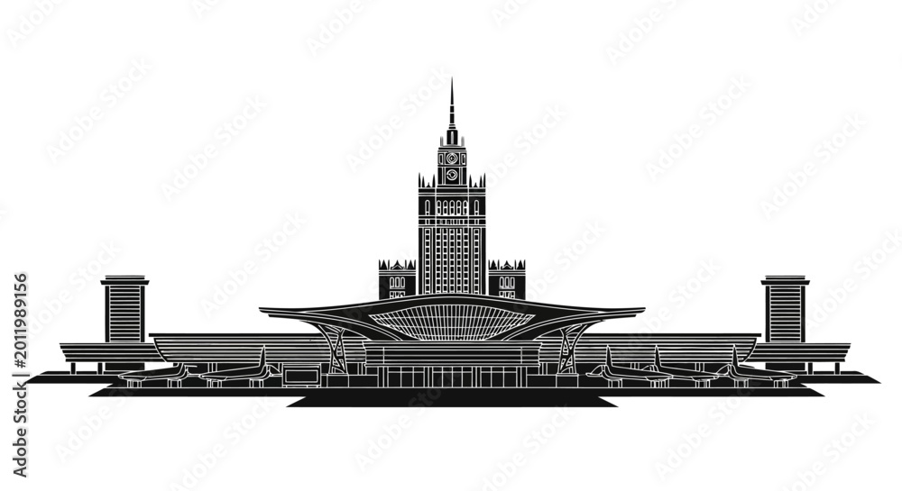 Naklejka premium Warsaw Palace of Culture and Science silhouette icon on white background