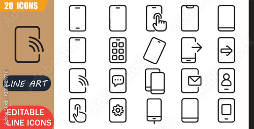 Quadro su tela Isolated smartphone mobile icons set, 20 editable line art icons set, device scr