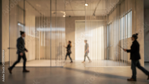 Modern corporate space with people walking through vertical metal screen