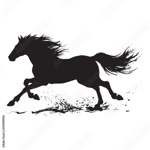 Billede på lærred Dynamic black horse silhouette running through water or dust with splashing effect isolated on white