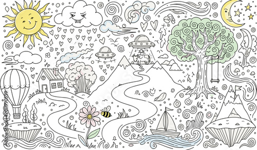 Hand drawn Whimsical Fantasy Landscape Doodle icon logo flat vector design