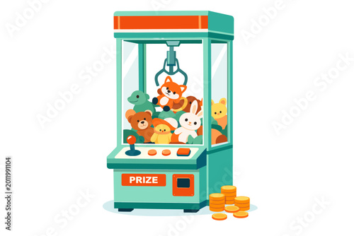 Claw machine arcade concept with a tall transparent vending cabinet filled