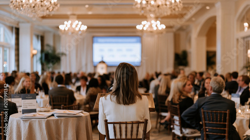 Trafficking awareness fundraising gala inside a luxury interior ballroom, advocates in formal wear speaking to gathered donors beneath crystal chandeliers, event program booklets on draped tables an