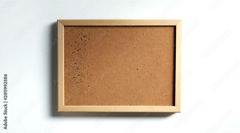Fototapeta premium Empty brown corkboard in a simple wooden frame hanging on a plain light wall ready for notes