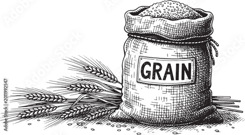 Photos Burlap sack of grain with wheat stalks