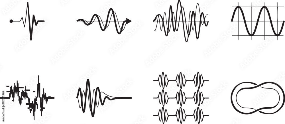 Naklejka premium Modern Digital Signal Transmission Icons Featuring Sine Wave Amplitude Heartbeat Monitor and Sonic Rhythm Graphics
