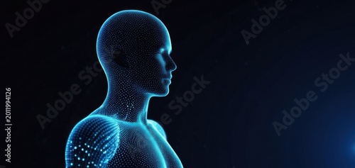 glowing human wireframe in dark digital space, concept of ai, tech, health, banner
