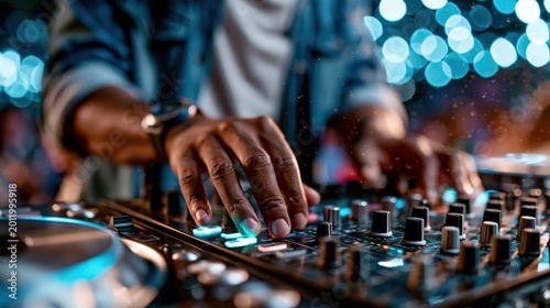 Nightclub DJ mixing music on glowing console with blue lights and dynamic party scene background