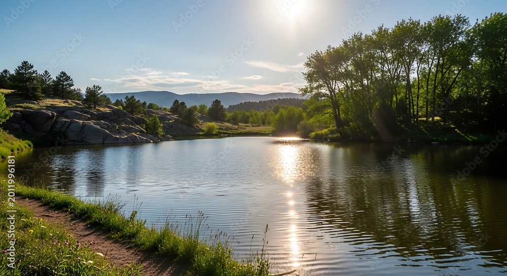 Fototapeta premium Serene Sunlit Lake Reflecting Trees and Mountains in Natural Landscape