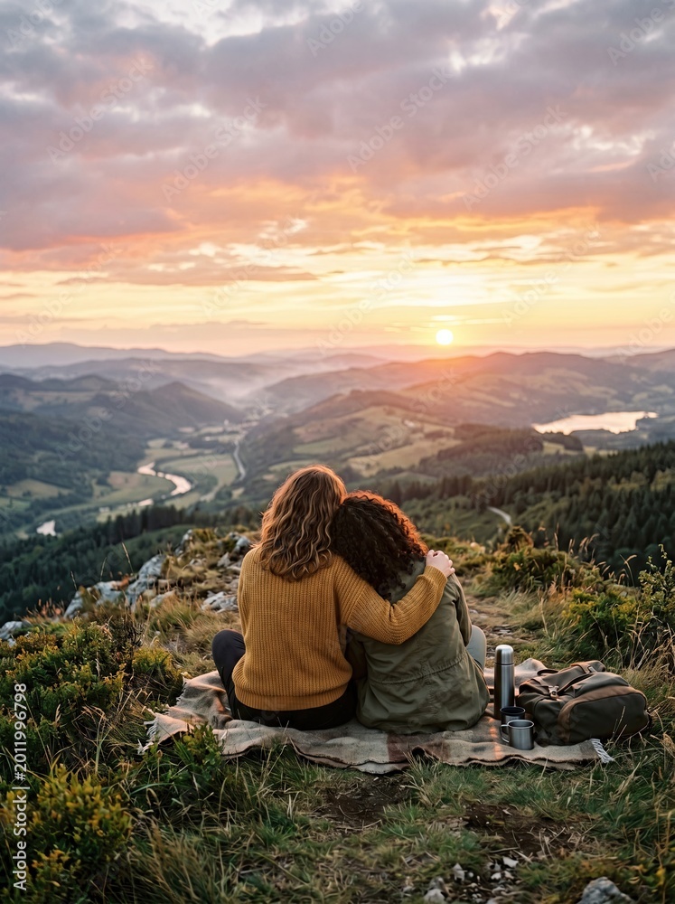 Naklejka premium Two women sitting on a hill watching sunset
