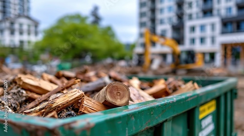 Green debris container on sunny construction site, concept of waste disposal and site management