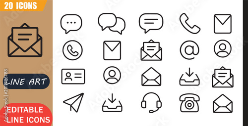 Photos Isolated communication chat icons set, 20 editable line art icons set, message c