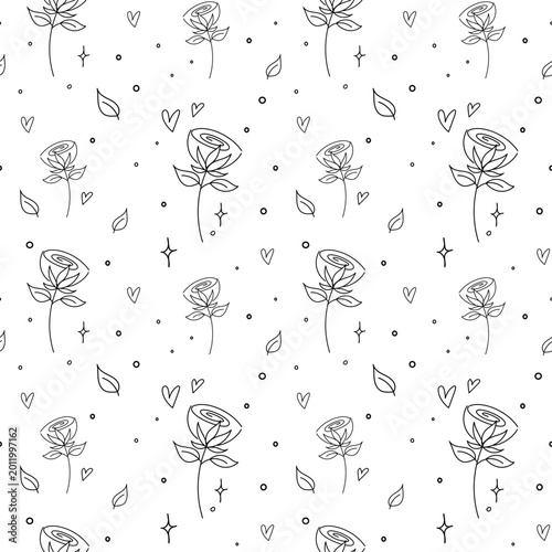 Seamless pattern of small rose line drawings with leaves and hearts on light background, decorative floral repeat, romantic aesthetic, modern textile concept for cute print, fabric textile design