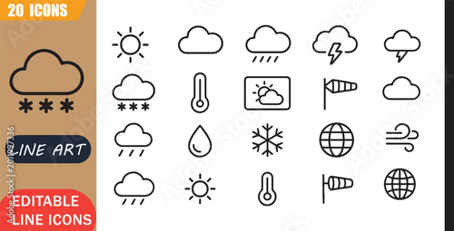 Картината върху платно Isolated weather forecast icons set, 20 editable line art icons set, sun cloud r