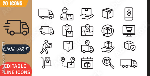 Bilde på lerret Isolated delivery shipping icons set, 20 editable line art icons set, courier pa