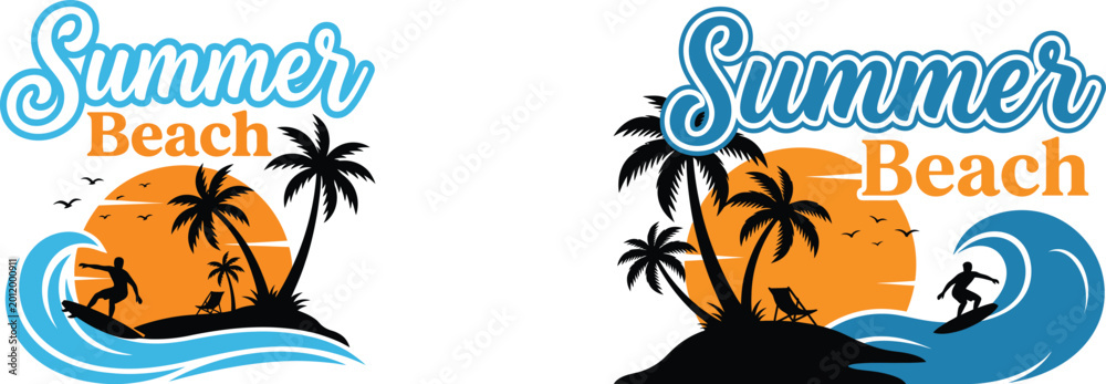 Obraz premium Summer beach logo with palm trees and surfer