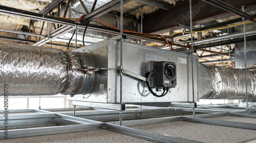 VAV box with damper actuator and inlet airflow sensor in a ceiling plenum
