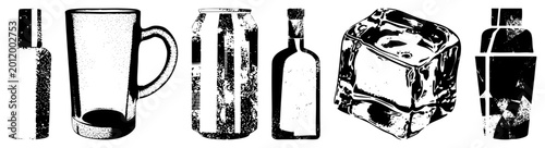 Gritty halftone drinkware set shaker, pint, can, bottle, ice, mixer (aka tipple tin/booze jug). Ideal for bar menus, brew labels, vintage pub decor blending rough charm with modern minimalism.